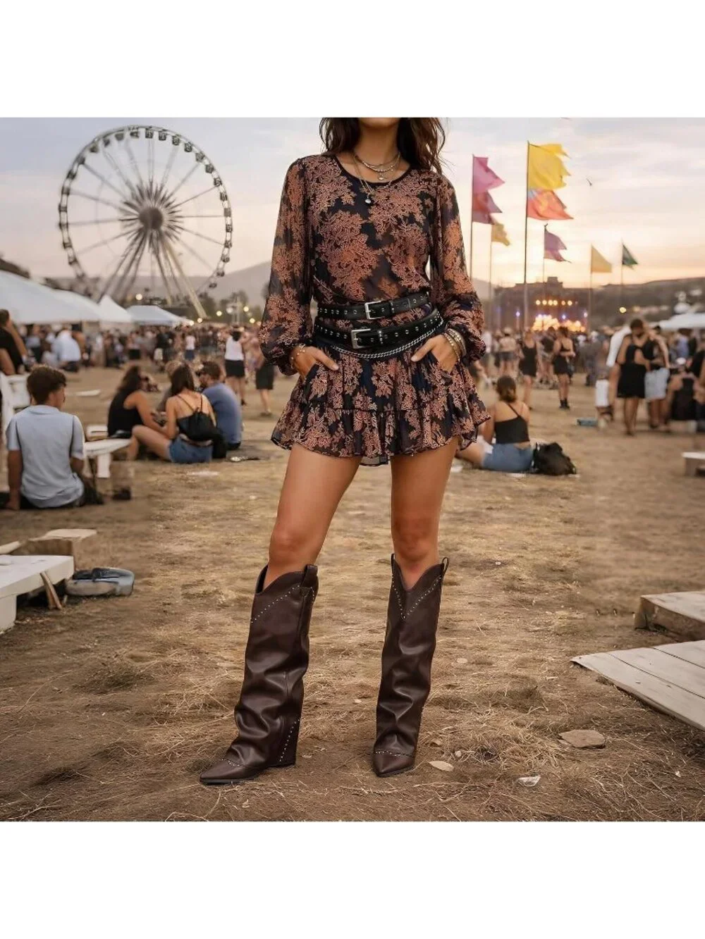 Women Brownish Coffee Chunky Heel Elegant Cowgirl Fold Over Knee High Shark Boot